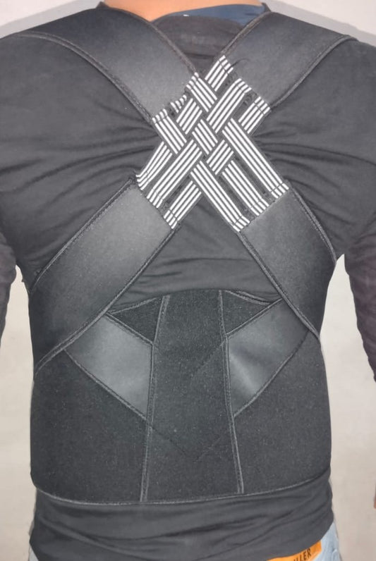 Upper back support brace — rear view showing cross-back strap pattern for thoracic and lumbar support