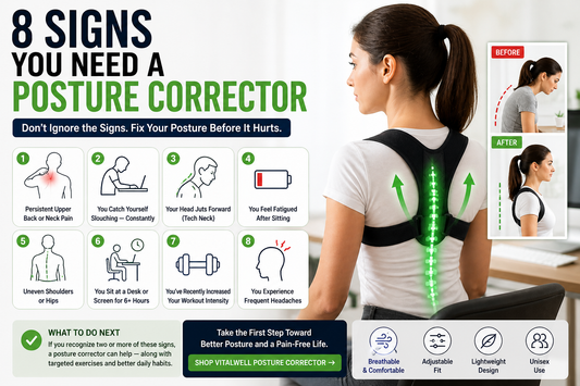 Woman wearing a posture corrector brace with infographic showing eight common signs of poor posture, including neck pain, slouching, tech neck, fatigue, and headaches.
