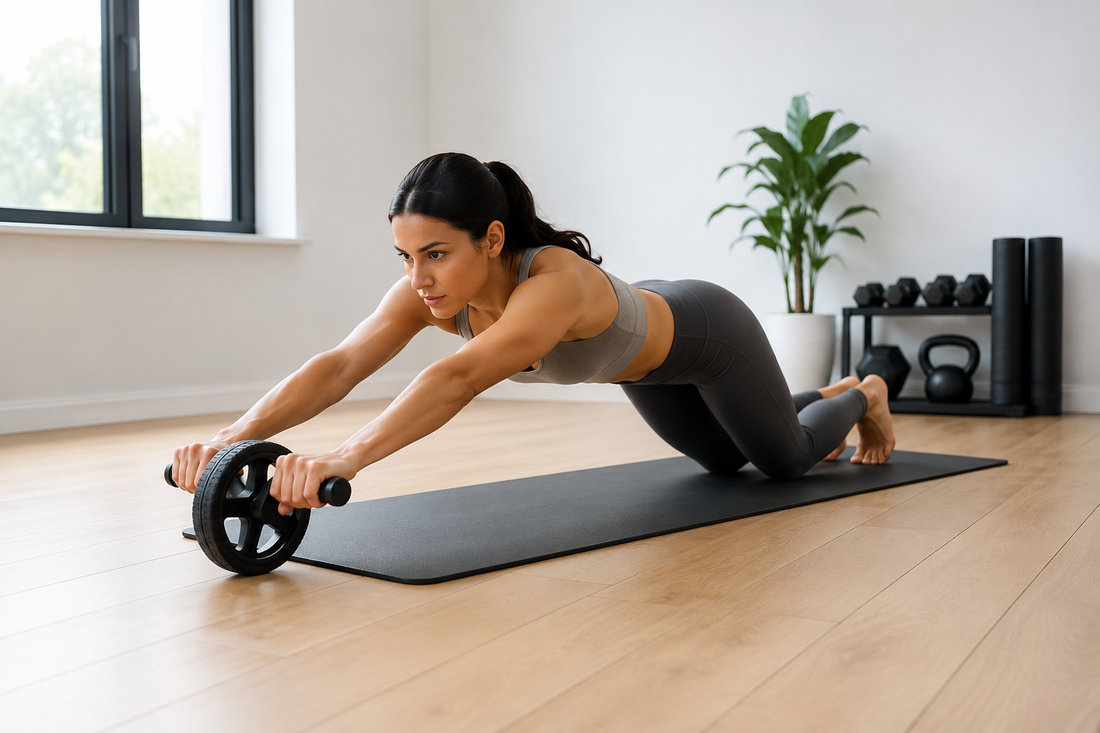 Person performing an ab roller exercise on a fitness mat, demonstrating proper core workout form at home