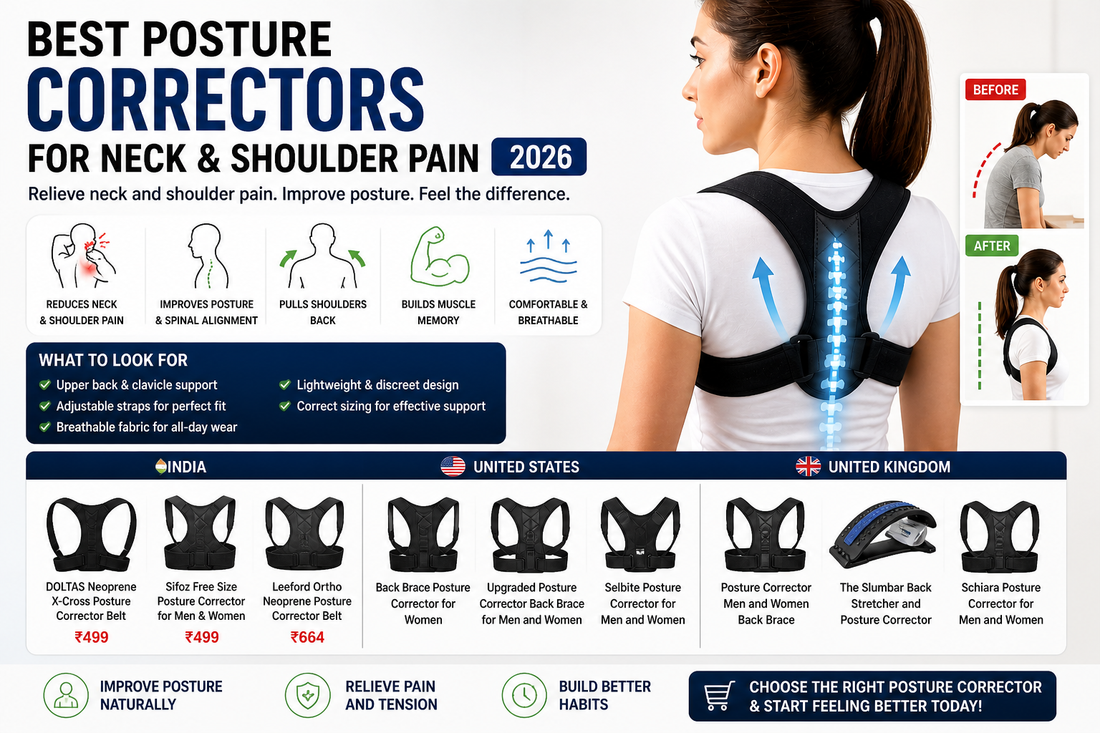 Woman wearing posture corrector with guide to the best braces for neck and shoulder pain, featuring top picks for India, USA, and UK.