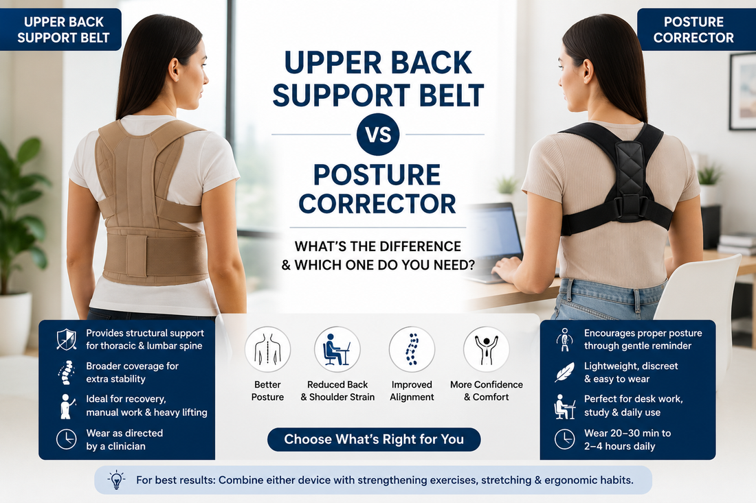 Upper back support belt vs posture corrector — side-by-side comparison showing key differences for desk workers and recovery users