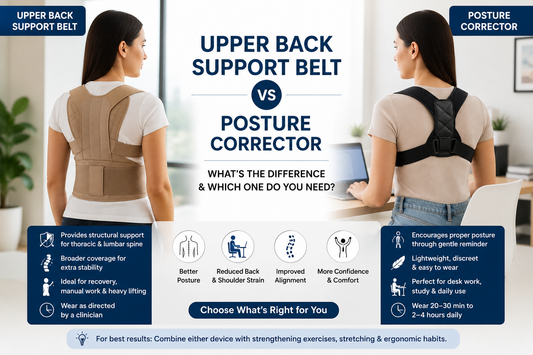 Upper back support belt vs posture corrector — side-by-side comparison showing key differences for desk workers and recovery users