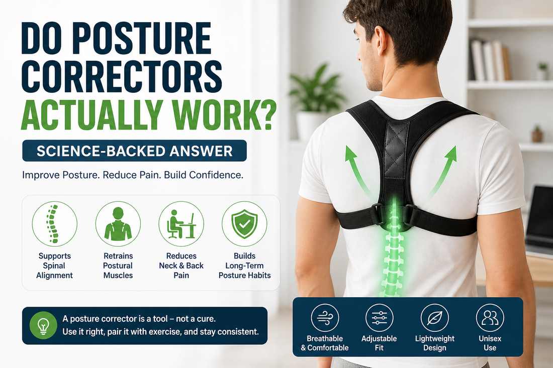 Man wearing a posture corrector brace with infographic showing posture benefits, pain relief, and science-backed posture support.
