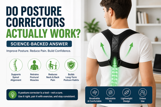 Man wearing a posture corrector brace with infographic showing posture benefits, pain relief, and science-backed posture support.