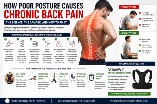 Infographic explaining how poor posture causes chronic back pain, showing spinal strain, posture comparison, corrective exercises, and posture brace solution.