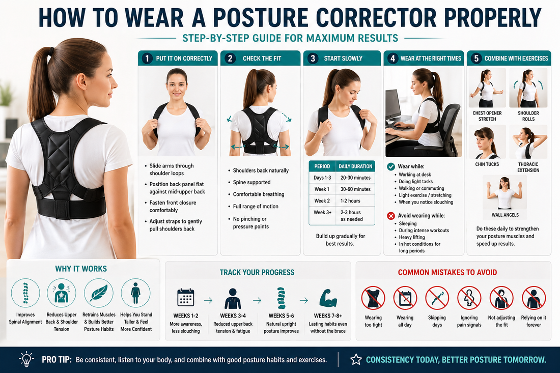 Woman demonstrating how to wear a posture corrector properly with step-by-step fitting instructions, usage guidelines, posture exercises, and common mistakes to avoid.