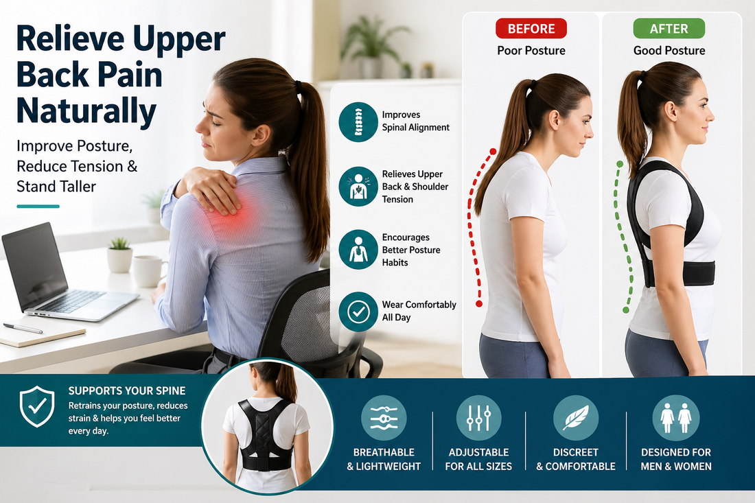 Person wearing a posture corrector brace to relieve upper back pain and improve spinal alignment — VitalWell Store guide 2026.
