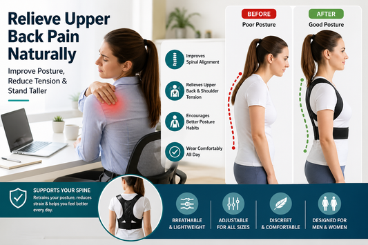 Person wearing a posture corrector brace to relieve upper back pain and improve spinal alignment — VitalWell Store guide 2026.