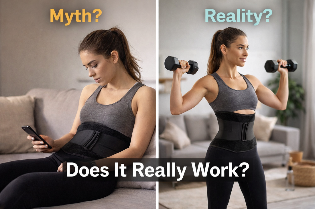 Split-screen image showing waist trimmer belt use—left side “Myth?” with slouched posture, right side “Reality?” with workout posture, asking “Does it really work?”