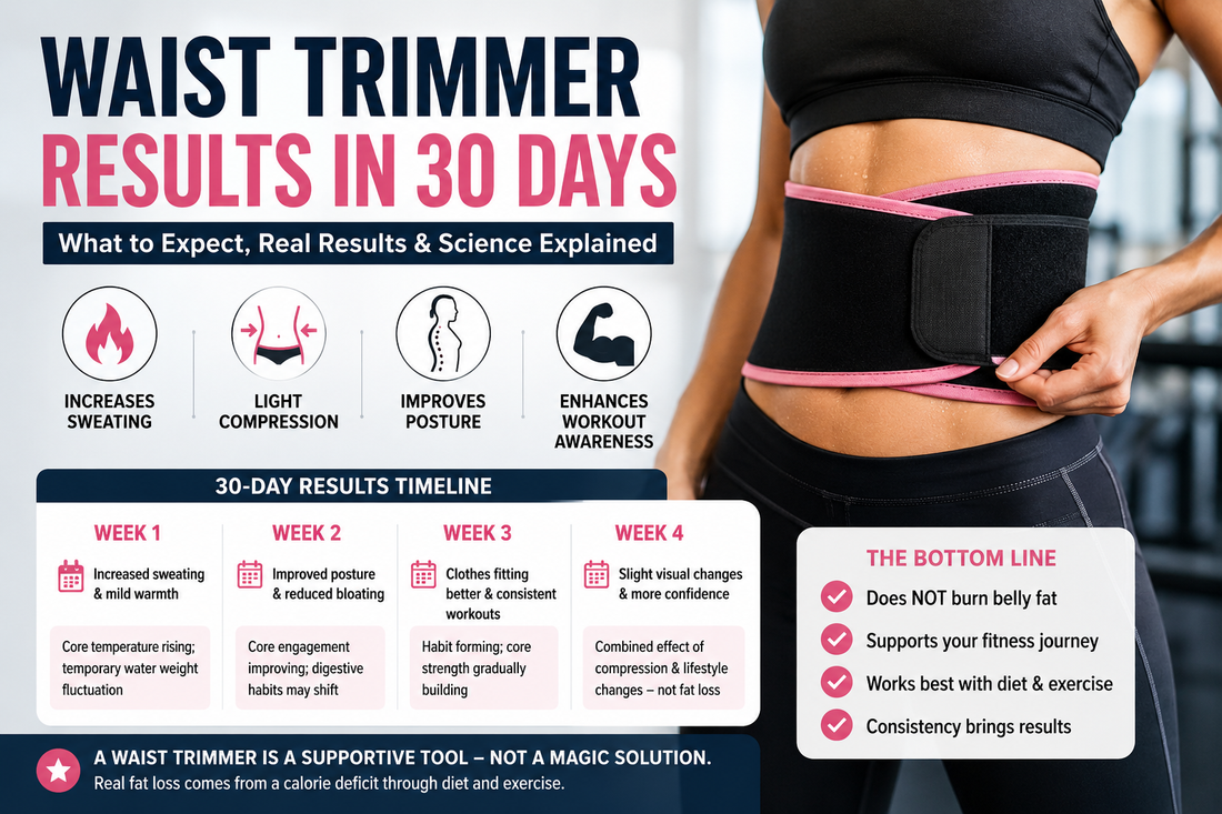 Waist trimmer results in 30 days infographic showing weekly timeline, key benefits including posture improvement and increased sweating, and science-backed bottom line — a waist trimmer is a supportive tool, not a magic solution