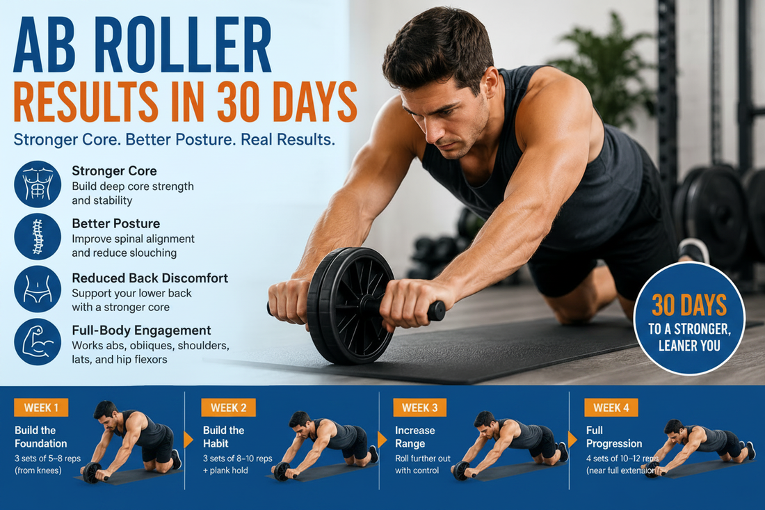 Ab roller results in 30 days infographic showing week-by-week core workout progression, posture and strength benefits