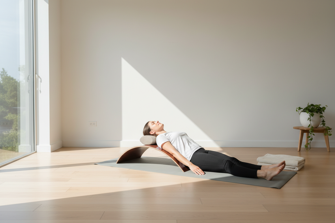 Person using a lumbar back stretcher for lower back pain relief and spinal mobility improvement
