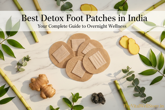 Best detox foot patches in India - natural bamboo vinegar foot patches with ginger and tourmaline crystals on marble surface | The VitalWell Store
