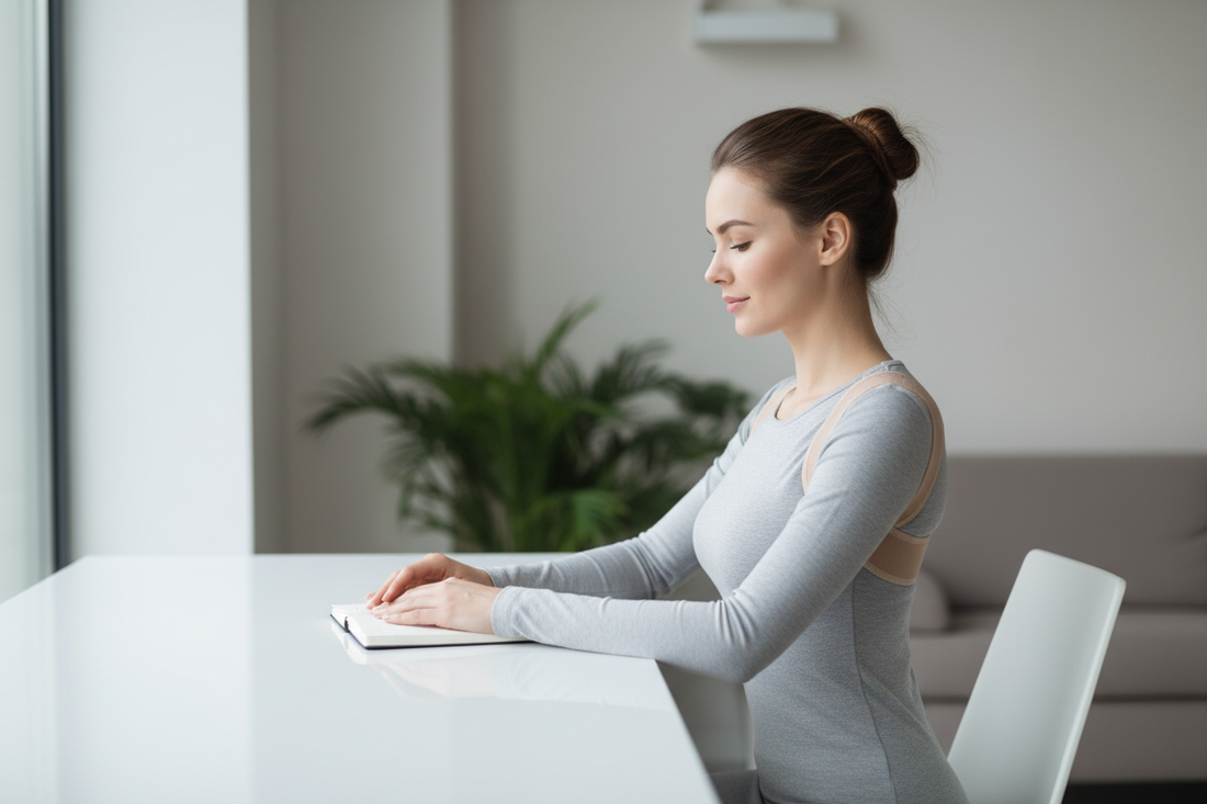 Woman wearing an adjustable upper back support belt at a desk — posture corrector for office workers