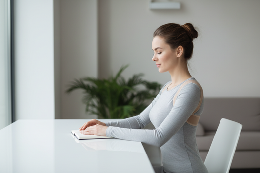 Woman wearing an adjustable upper back support belt at a desk — posture corrector for office workers