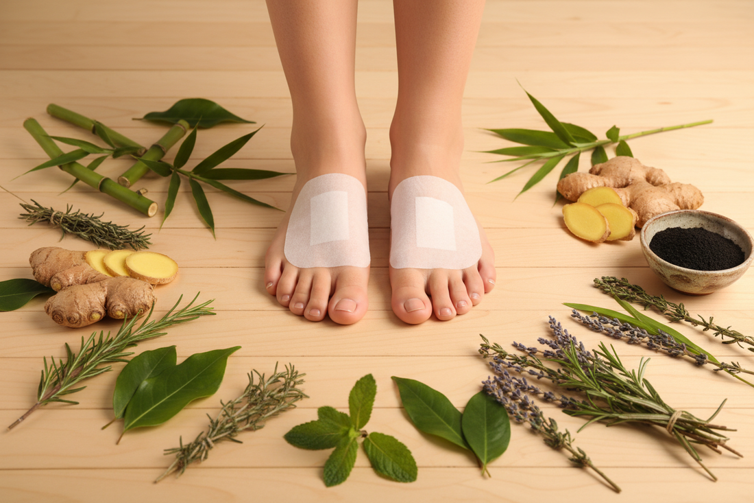 Herbal detox foot patches applied to feet overnight as part of a nighttime wellness routine