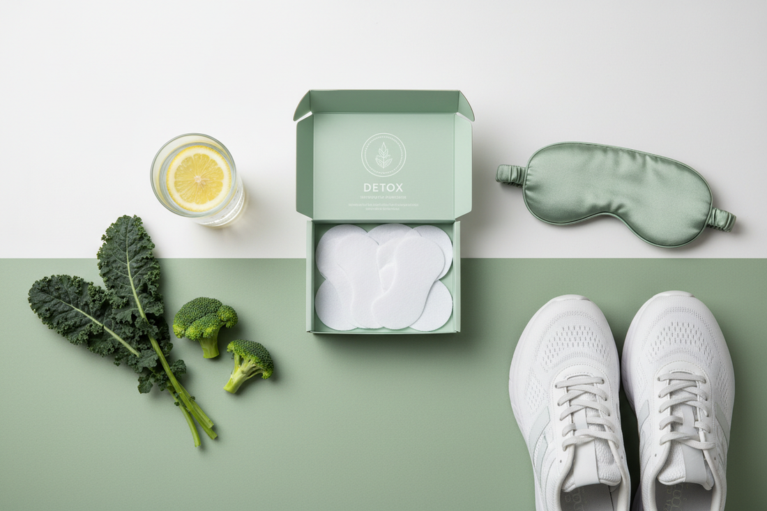Wellness flat lay showing detox foot patches, a glass of water, fresh green vegetables, running shoes, and a sleep mask on a white and sage green background