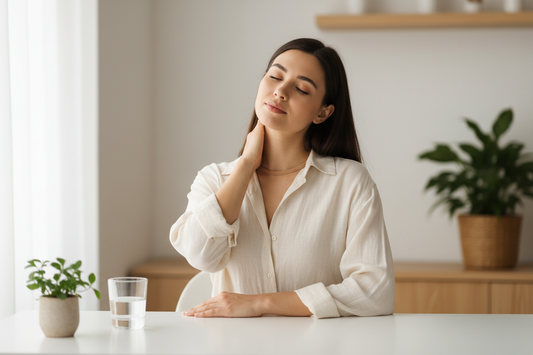 Woman wearing a posture corrector at a desk with neck tension — upper back support for neck pain relief