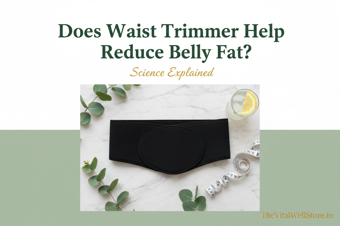 Does waist trimmer help reduce belly fat science explained - waist trimmer belt flat-lay with measuring tape and eucalyptus leaves on marble surface | The VitalWell Store