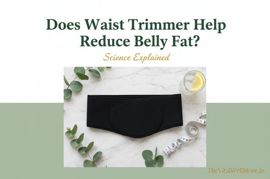 Does waist trimmer help reduce belly fat science explained - waist trimmer belt flat-lay with measuring tape and eucalyptus leaves on marble surface | The VitalWell Store