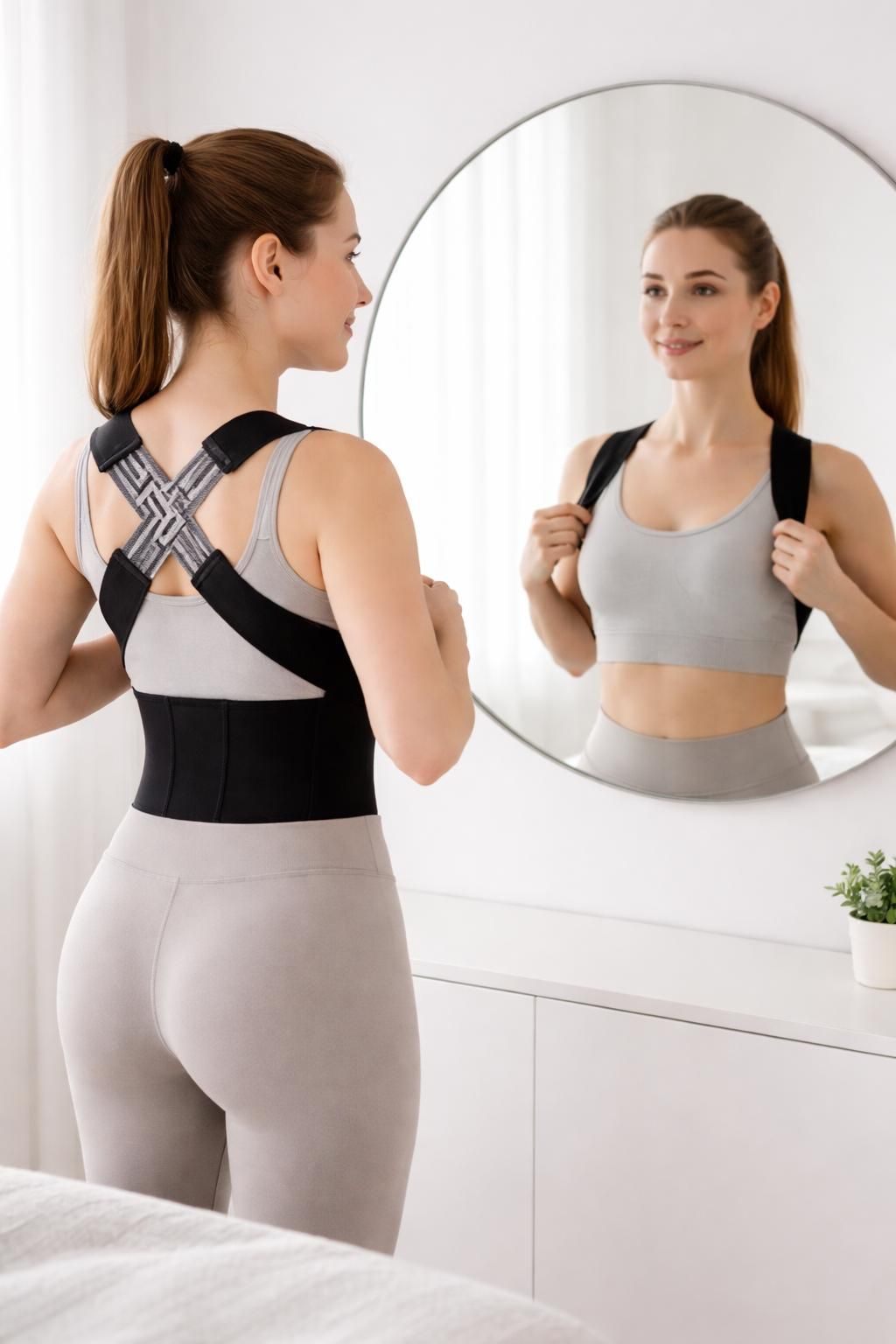 Woman fitting an upper back support brace in a mirror — how to choose and wear a posture corrector