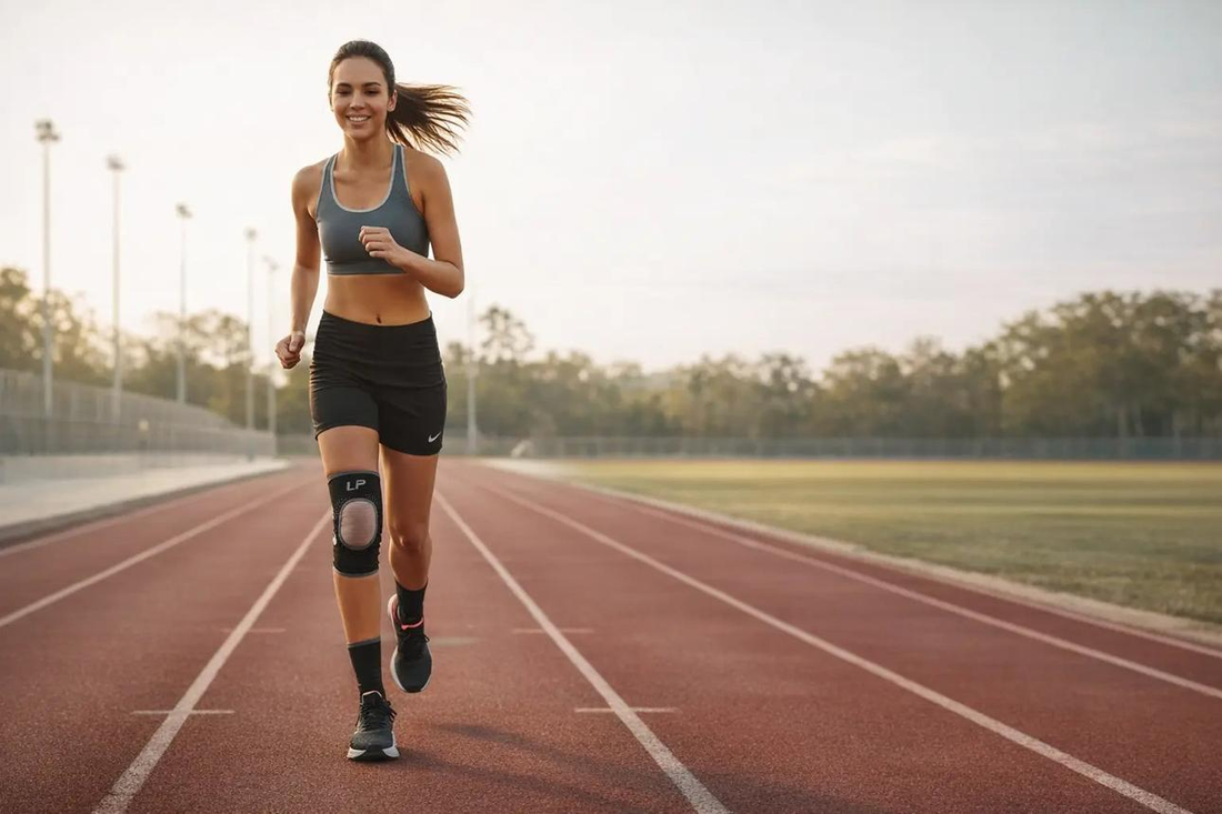 Woman running on a track wearing a knee brace for knee support and pain relief during exercise