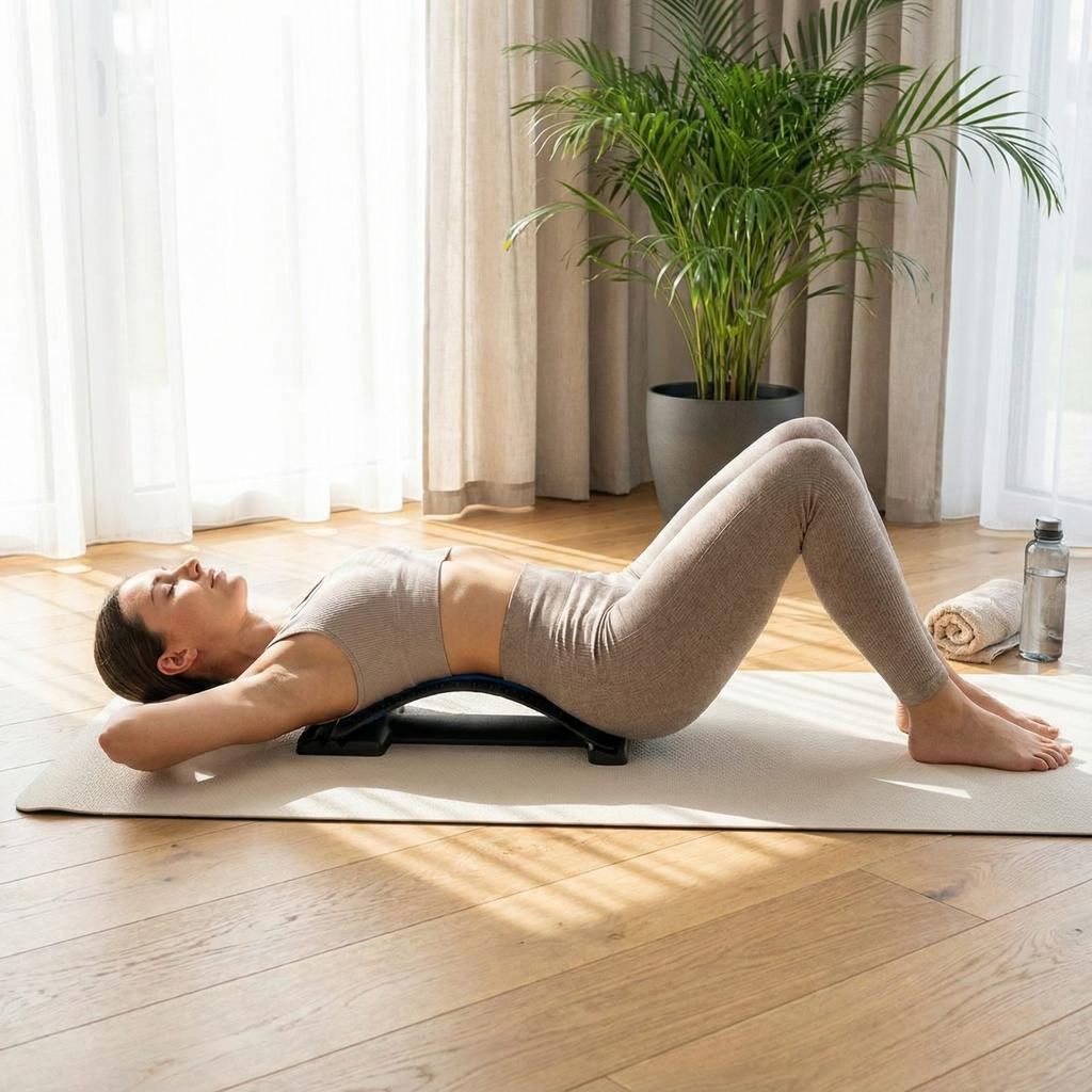 Woman lying on a back stretcher on a yoga mat in a bright home setting — back stretcher results after 30 days | VitalWell Store