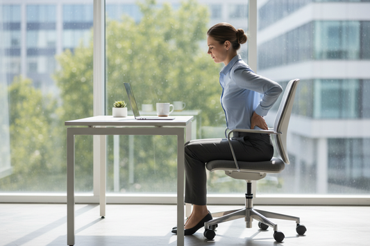 Office worker sitting at desk holding lower back in discomfort from prolonged sitting