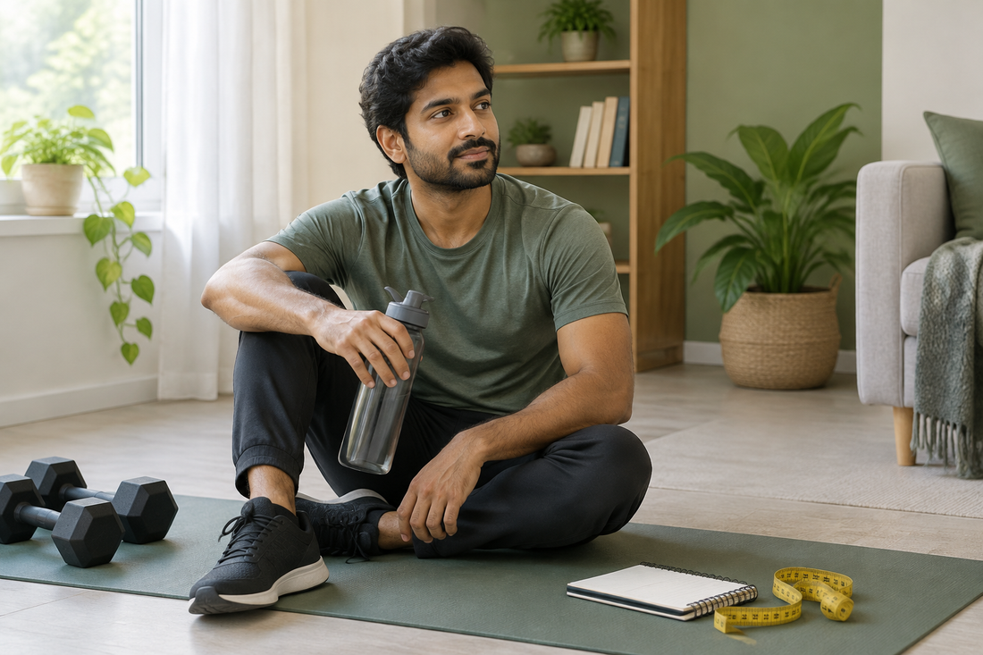 Man resting on a yoga mat after a home workout, holding a water bottle, with a notebook and measuring tape beside him for tracking fitness progress