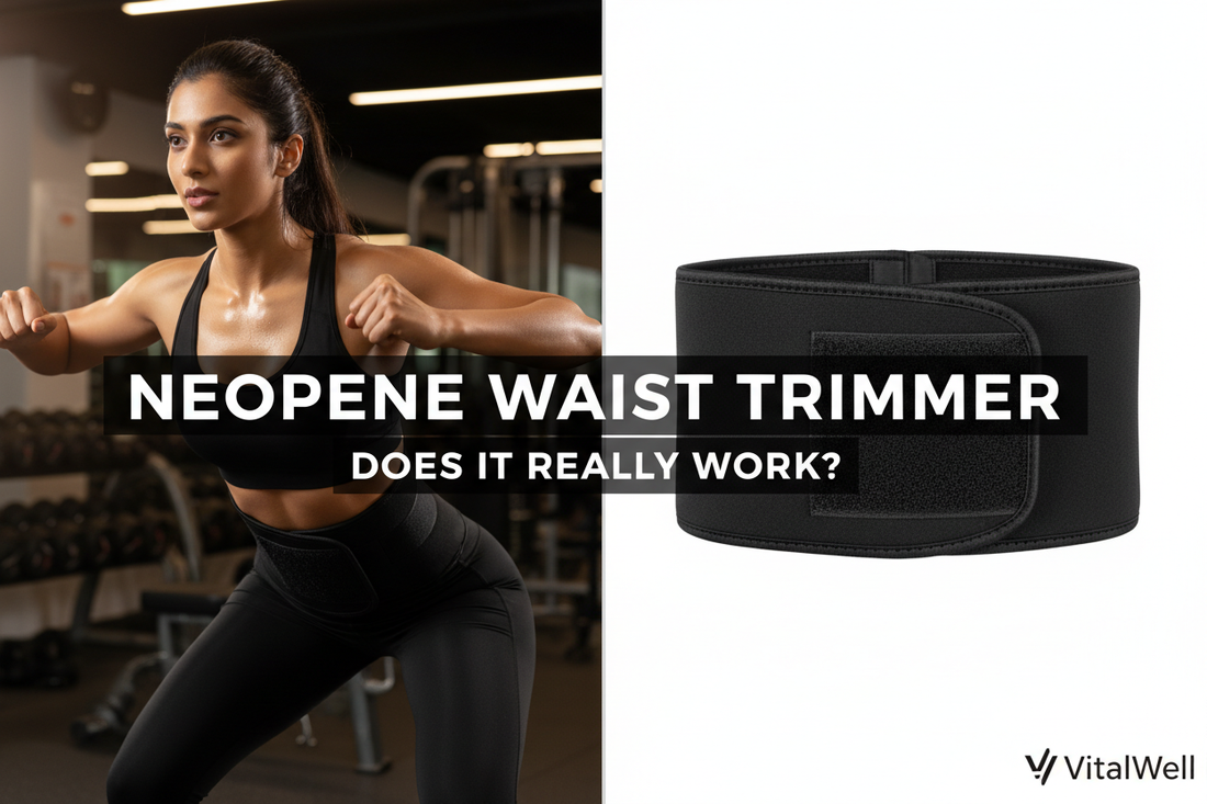 Woman exercising in a black neoprene waist trimmer belt alongside a close-up of the belt's neoprene texture and velcro