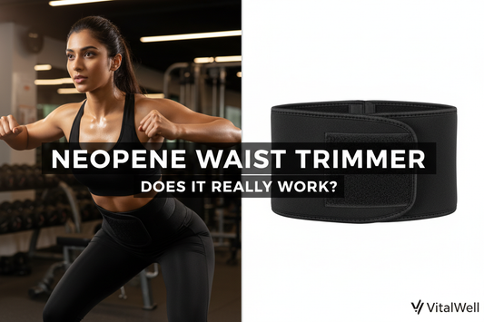 Woman exercising in a black neoprene waist trimmer belt alongside a close-up of the belt's neoprene texture and velcro
