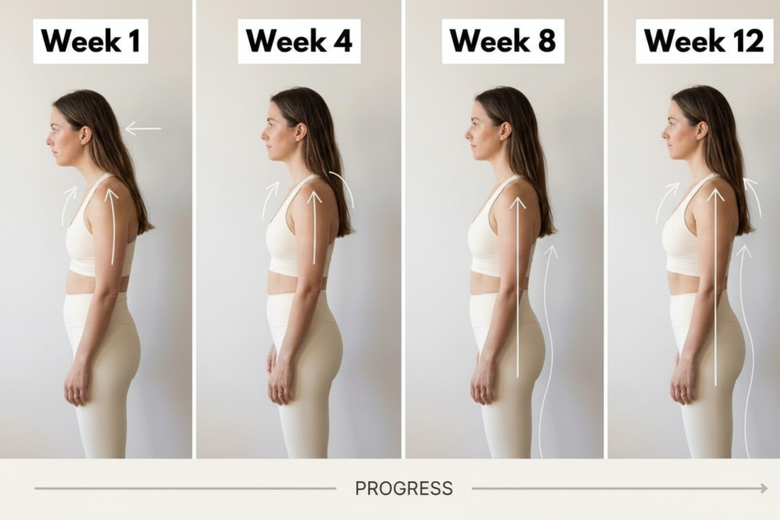 Four-panel side-view posture progression showing improvement from forward head posture and rounded shoulders in Week 1 to upright neutral spine alignment by Week 12
