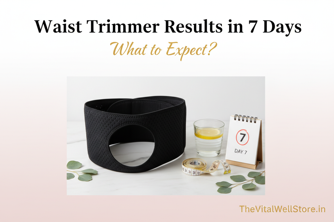 Waist trimmer results in 7 days what to expect - neoprene waist trimmer belt flat-lay with measuring tape, glass of water and day 7 calendar on marble surface