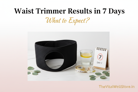 Waist trimmer results in 7 days what to expect - neoprene waist trimmer belt flat-lay with measuring tape, glass of water and day 7 calendar on marble surface
