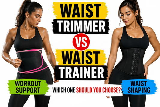 Waist trimmer vs waist trainer comparison — flexible neoprene workout support belt on the left vs structured waist shaping trainer on the right — VitalWell