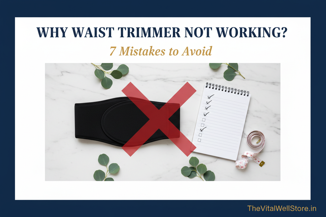 Why waist trimmer not working 7 mistakes to avoid - waist trimmer belt flat-lay with checklist notepad and measuring tape on marble surface
