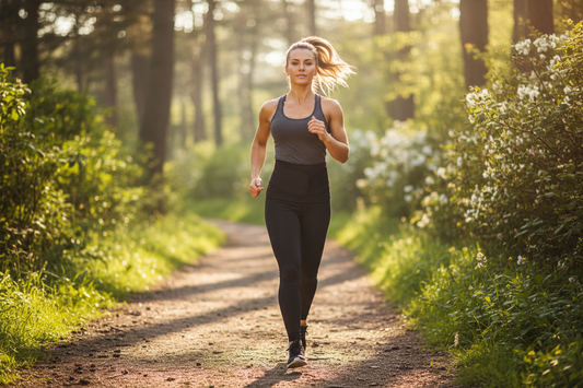 Woman wearing a waist trimmer belt while jogging outdoors — fitness and weight loss lifestyle