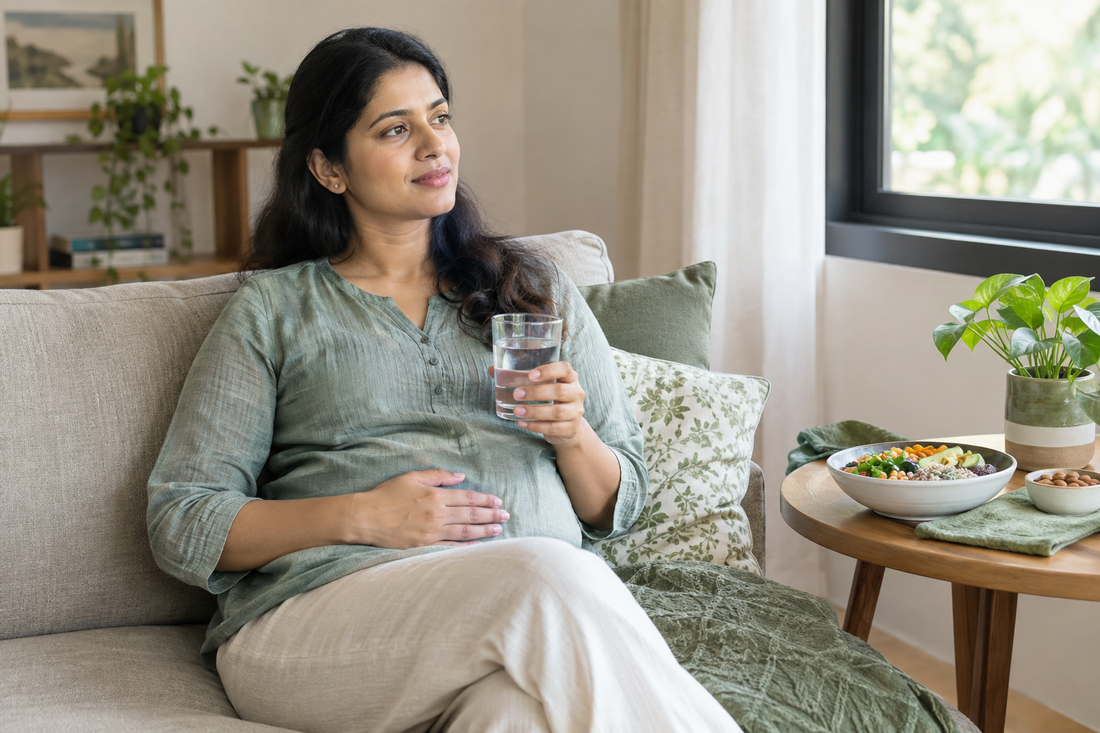 Woman sitting relaxed on a sofa at home with one hand resting on her stomach and a glass of water, illustrating the difference between bloating and belly fat